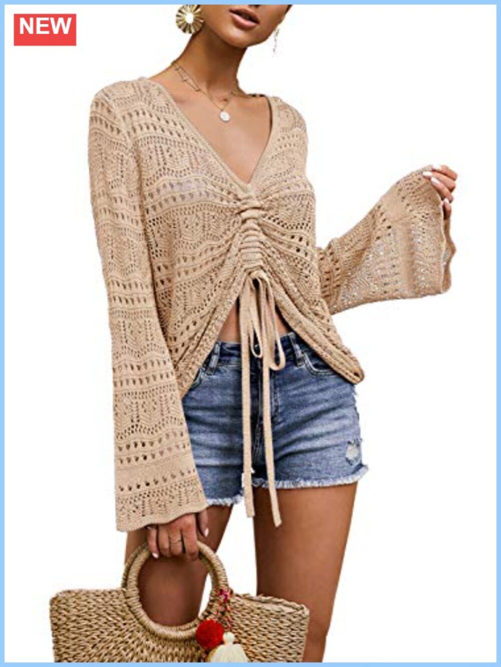 Womens Boho Off Shoulder Sheer Crop Top Crochet Flowy Knit Bell Sleeve Blouse